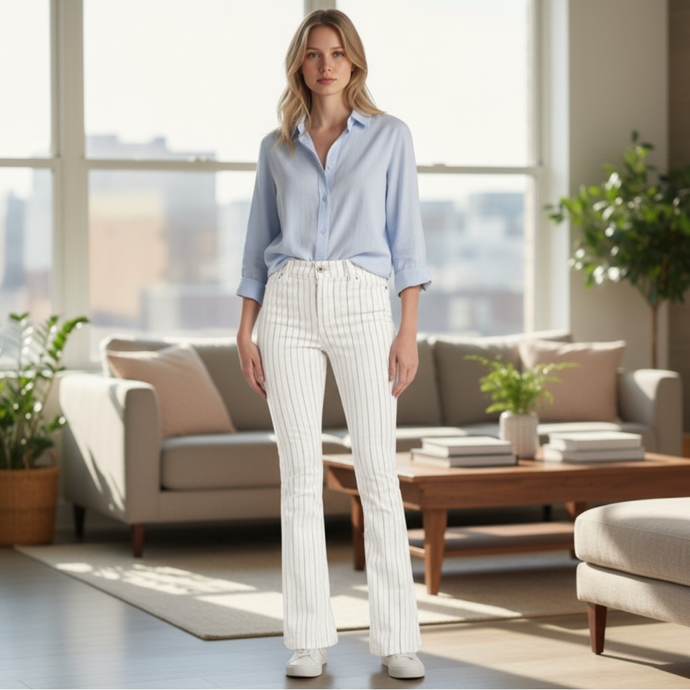 Striped White Denim Flare Jean